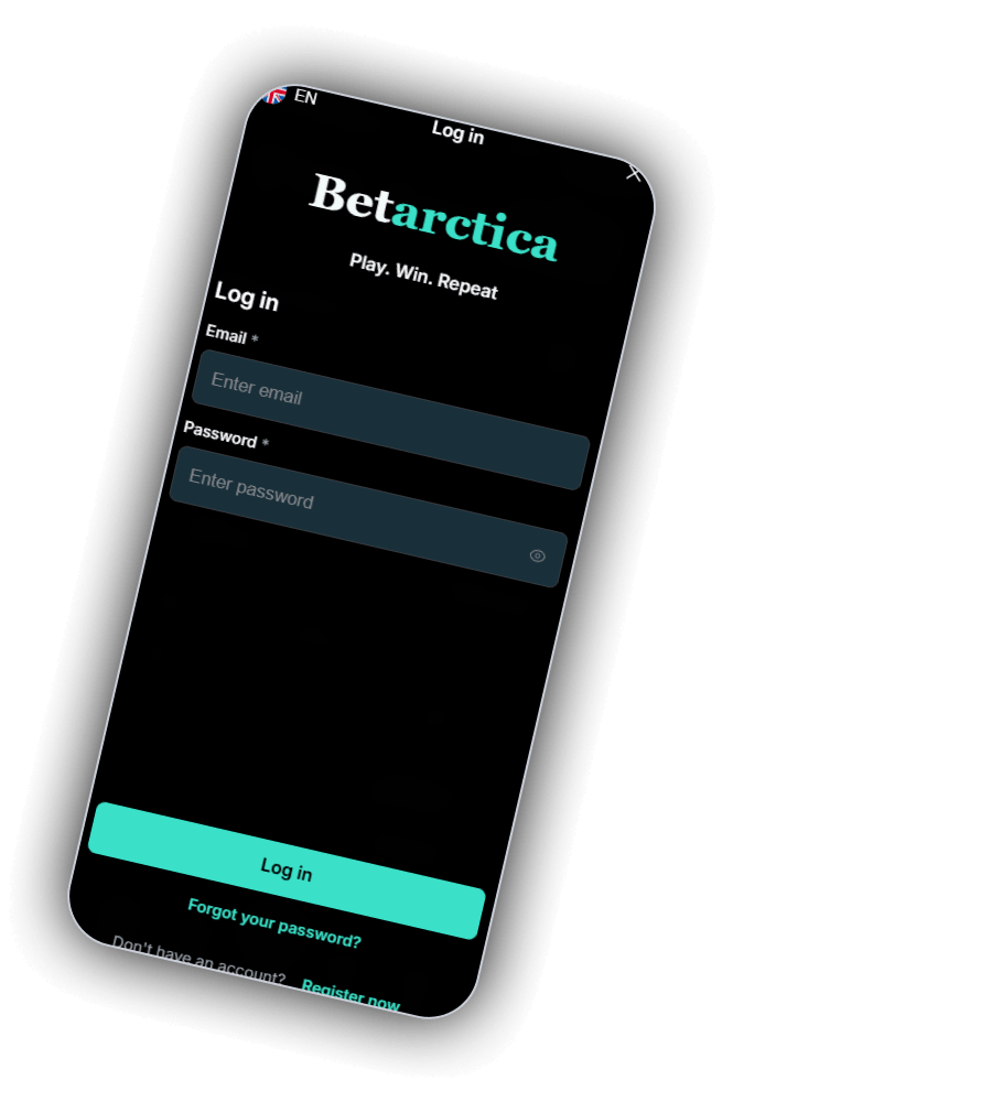 Betarctica log in screen with email and password fields and a mint Log in button