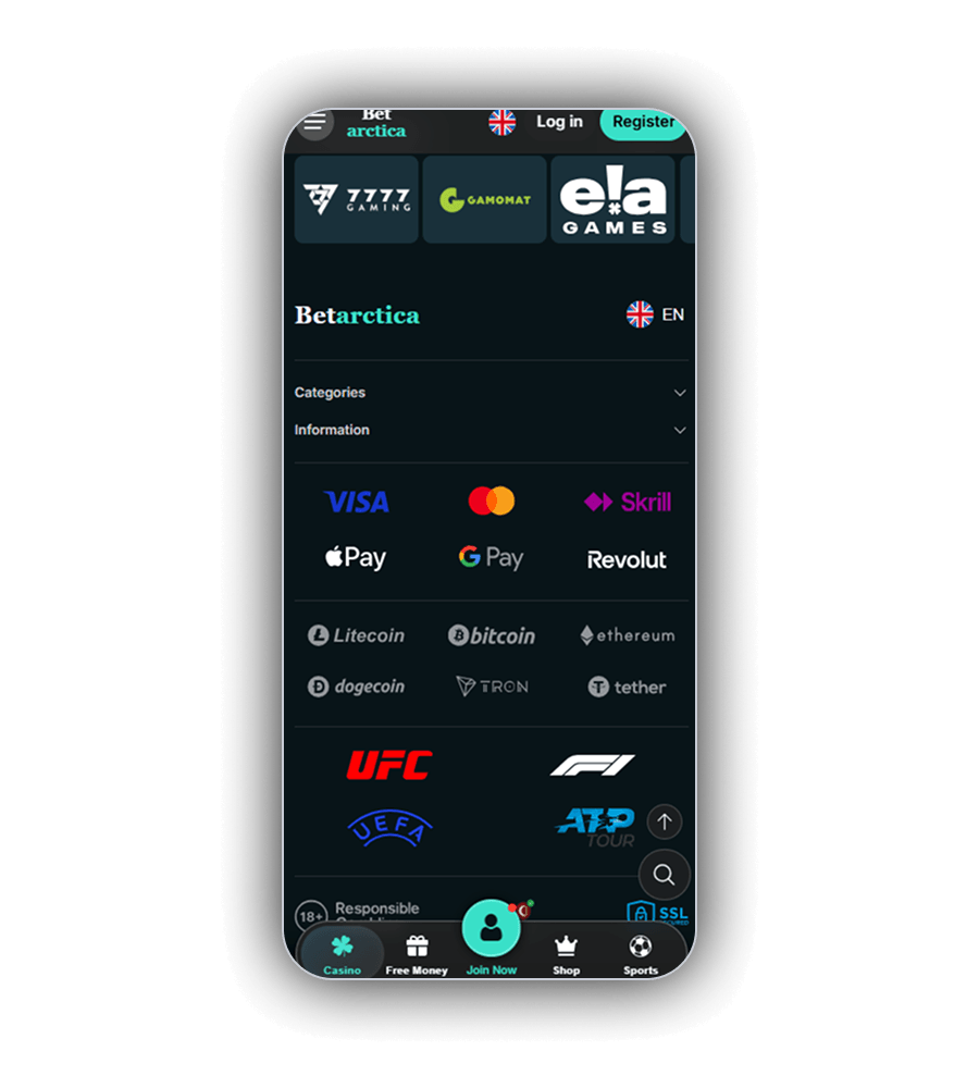 Betarctica menu listing Visa, Mastercard, Skrill, Apple Pay, Google Pay, Revolut and six cryptocurrencies